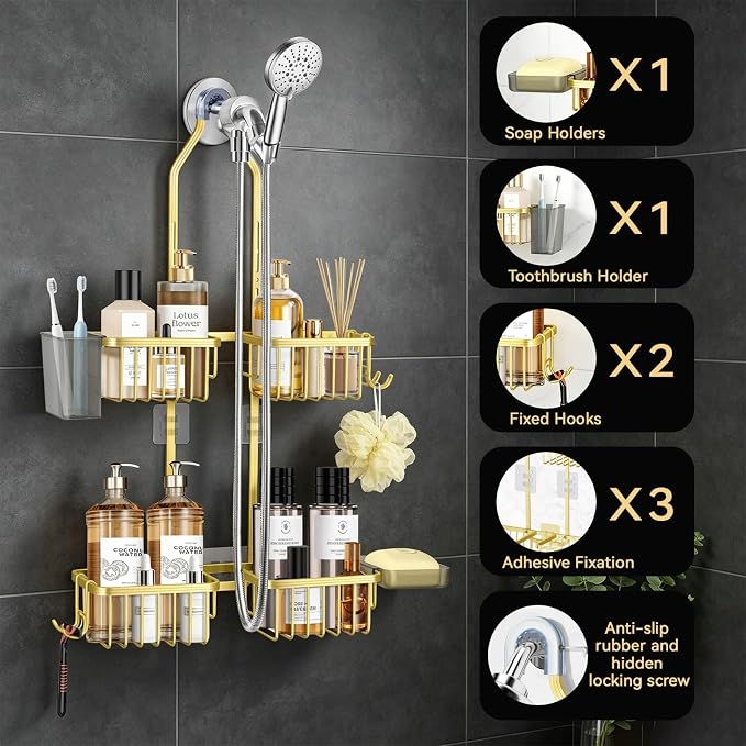 Adjustable Hanging Shower Caddy for Handheld Showerhead, Rustproof Aluminum Over Shower Head Organizer, Renter-Friendly No-Swing Storage for Tall Bottles & Soap, 2-Tier, Gold