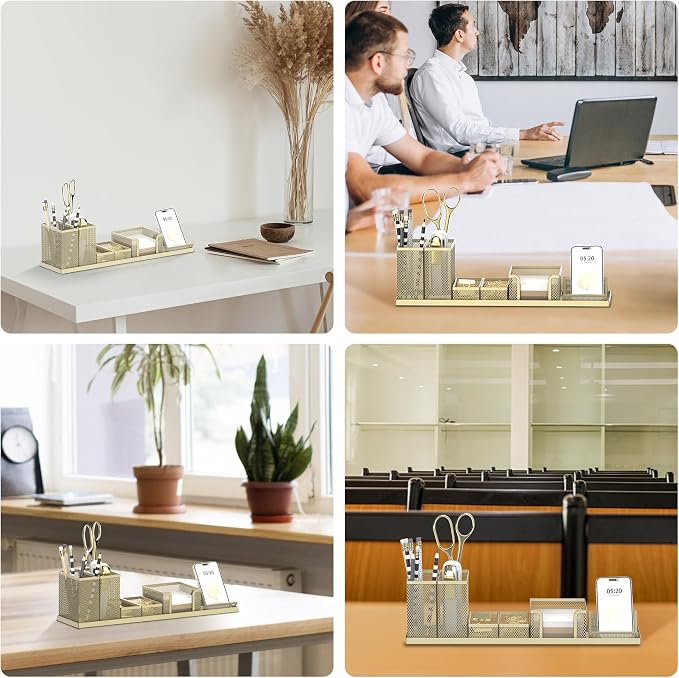 Pen Holder for Desk, 6-Piece Mesh Desk Organizer with Phone Holder, Gold | 6-Piece Black Mesh Desk Set Includes Pen Cups, a Sticky Note Caddy and Phone Holder for Office, School, Home