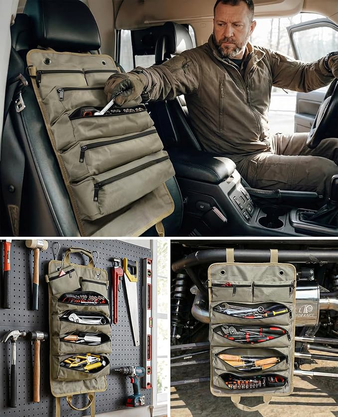 Tool Roll Up Bag, 1680D Heavy Duty Tool Bag Organizer with 2 Detachable Tool Pouches & Multiple Pockets, Waterproof Motorcycle Tool Roll for Mechanic & Electrician, Gift for Men Him Dad, 21.9"*13.8"