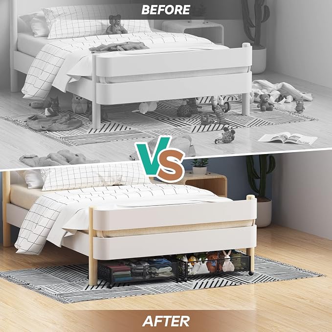 PHINOX Under Bed Stroage Container with wheels,Patterned,Metal,2 Pack,Black | Tool-free assembly, glide smoothly, easy reach, foldable, maxmazie low-profile beds, dorm, keep seasonal clothes, shoes fresh