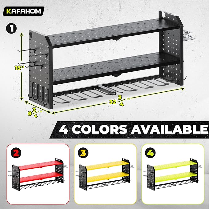 Power Tool Organizer,Large 8 Drill Holder Wall Mount ,Heavy Duty Metal Tool Shelf with 12 Hooks,Storage Rack for Garage Organization,Utility Cordless Drill Holder and Battery Shelves