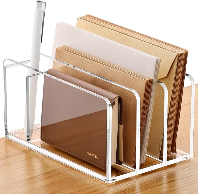 SANRUI Acrylic Mail Sorter Desk Organizer with Pen Holder, 3 Compartments | Clear Small File Script Letter Document Storage for Desktop Bill Filling Envelope Holder Office, Home, School Organization