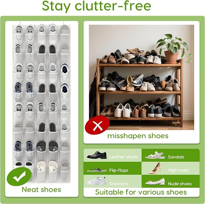 Over the Door Shoe Organizer with 40 Large Breathable Mesh Pockets, Space Saving Shoe Holder, Hanging Shoe Rack for Entryway Bedroom Closet Storage (White, 80 Pockets)
