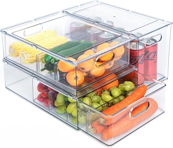 Mano 3PackFridge Drawer Pull Out Stackable Bins with Handle Clear Refrigerator Drawers Organizer Food Storage Container Box with Dividers Plastic Produce Saver for Pantry, Cabinet, Kitchen(2L+1XL)
