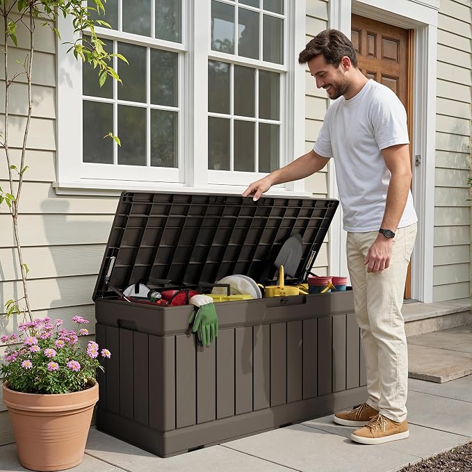 Devoko 78 Gallon Deck Box, Waterproof Resin Outdoor Storage Box | Outdoor Storage Bench Lockable for Outside and Patio Furniture, Garden Tools and Pool Supplies