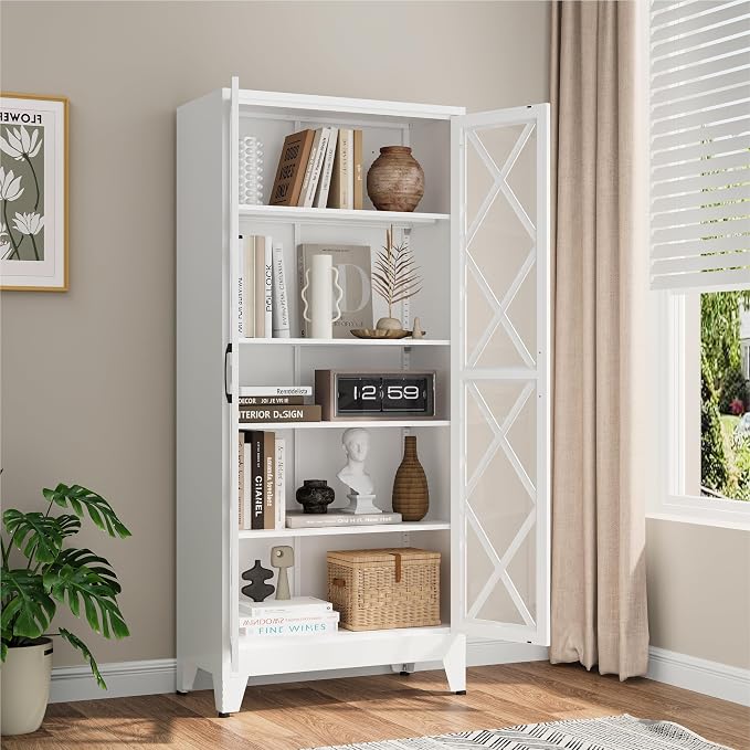 Bevivog 71" Tall Display Cabinet with Glass Doors, Farmhouse Metal Storage Glass Cabinet with 4 Adjustable Shelves, White Vintage Storage Cabinet for Collectibles,Curio, Books, Chinaware, Figures