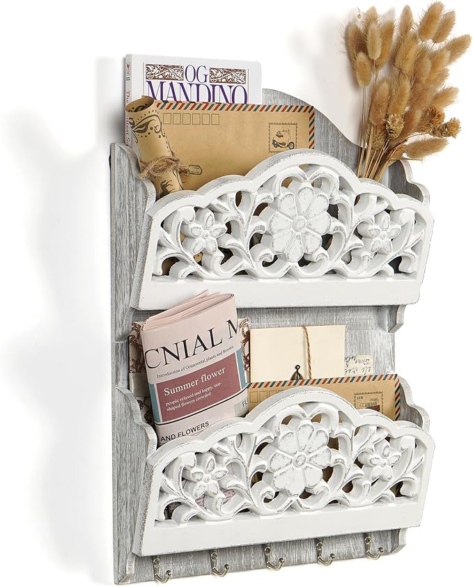 Key and Mail Holder for Wall, 2-Slot Mail Organizer Wall Mount 5 Key Hooks | Retro Hollowed-out Pattern Wooden Key Hangers Wall File Organizer Letter Sorter, Key Rack for Entryway Home Decor Extra Wide