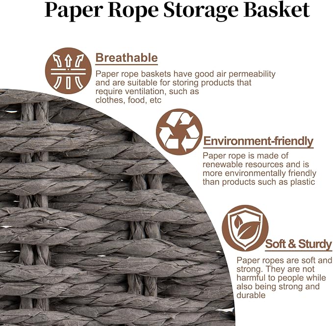 OIAHOMY Scalloped Wicker Baskets, Hand-woven Storage Baskets with Built-in Handles, Paper Rope Shelf Baskets for Organizing and Decoration, Set of 3-Grey