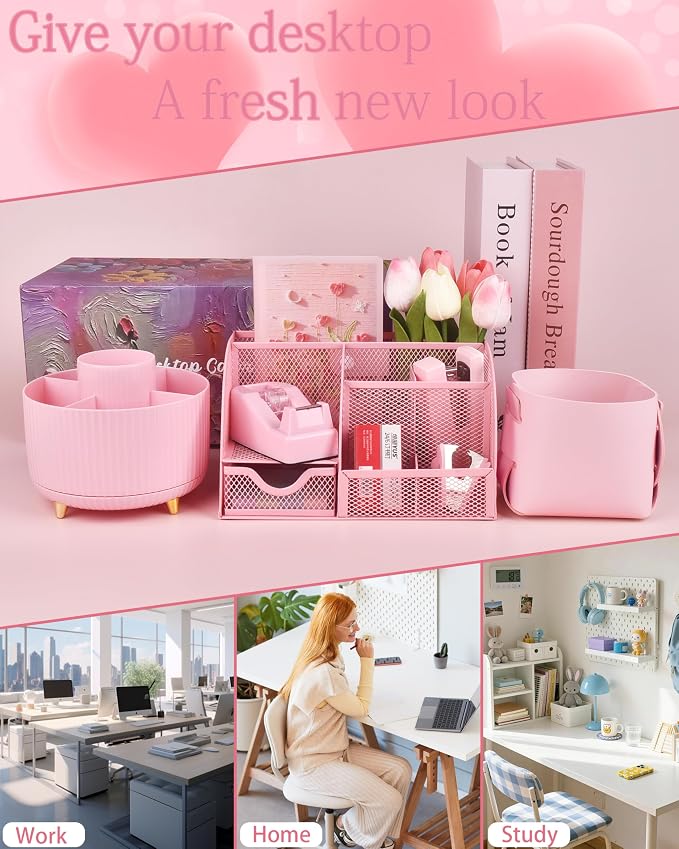 Pink Desk Accessories and Organizers with Desk Organizer and 360°Rotating Pen Holder stapler Pen and a Lot of Office Pink Office Supplies Beautifully Presented in a Gift Box