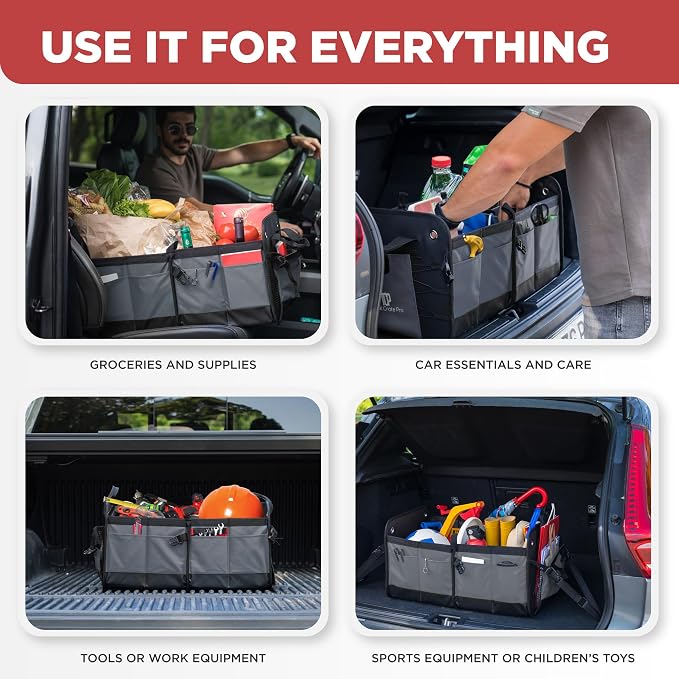 Car Cargo Organizer for SUV, Truck & Auto Storage, Gift, Grey, Large | Fits Cars, SUVs & Trucks • 4 Adjustable Compartments • Non-Slip Base & Straps • Foldable • 11 Pockets • Gift