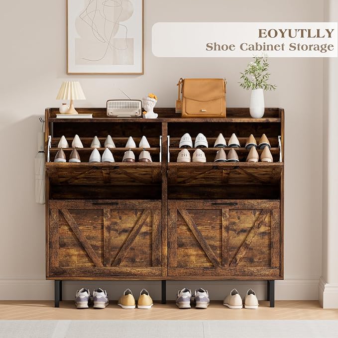 EOYUTLLY Shoe Cabinet Storage for Entryway, Narrow Shoe Rack Cabinet with 4 Flip Drawers, Freestanding Hidden Shoe Rack Storage Organizer, White with Metal Legs
