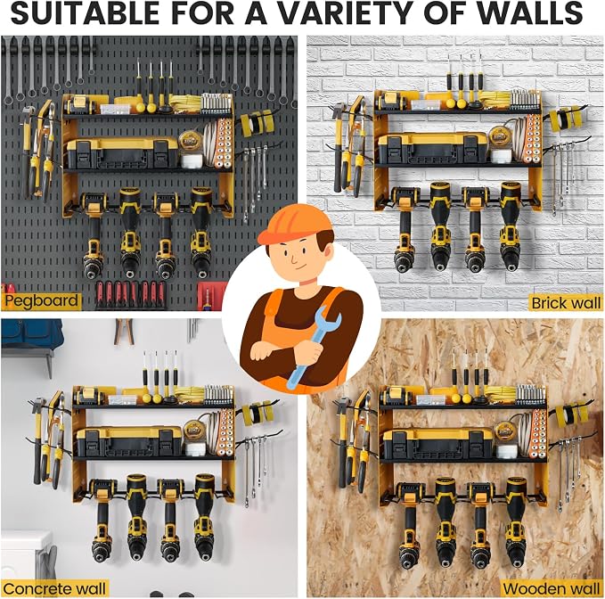 TRZZ Power Tool Organizer Wall Mount, 3-Layer Drill Rack, Yellow | 2 Side Pegboards, 4 Hooks, Cordless Drill Holder, Efficient Storage, for Workshop, Garage, Tool Room