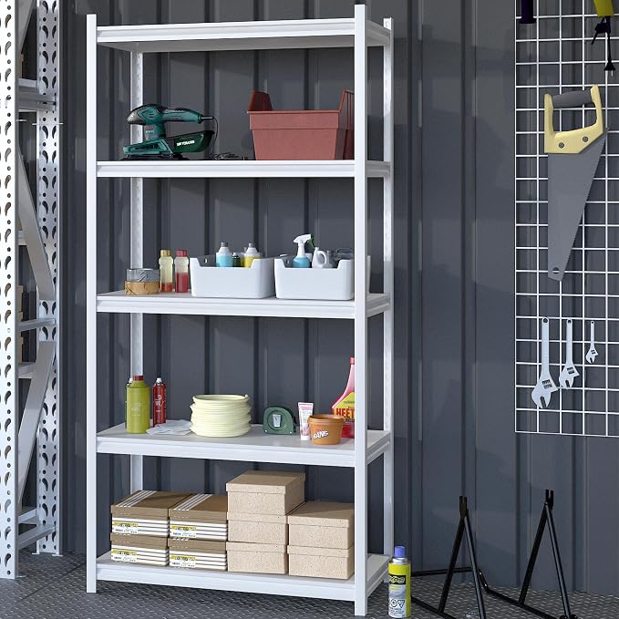 5 Tier Metal Storage Shelves Adjustable Garage Shelving, Heavy Duty Industrial Utility Rack Organization for Kitchen, Pantry, Closet, Garage, Office (White)