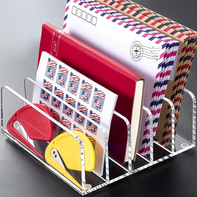 BEYGORM Acrylic Mail Holder, 5 Compartments Multifunction Desk Organizer | Clear Vertical Letter Sorter with Dividers, Modern Office & Home Storage for Bills, Documents & Folders(2 Pack)