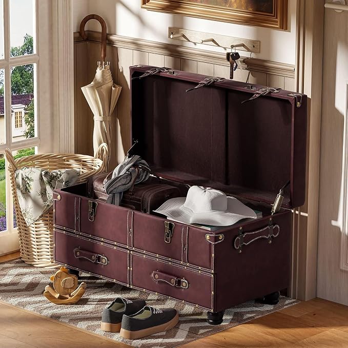 COZAYH - Storage Ottoman Bench Set of 2 - Dark Magenta | Faux Leather Upholstery, 31.5 in x 15.75 in x 17.25 in, Hinged Lid With Latch, 250 lb Capacity, Attach Legs Assembly