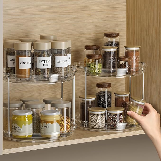 LAMU 2 Pack 2 Tier Lazy Susan Turntable Organizer 9.25'' Rotating Spice Rack Organization for Cabinet, Kitchen, Pantry, Countertop, Bathroom, Vanity, Medicine Cabinet Organizer, Clear