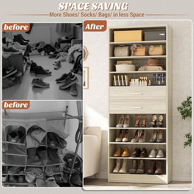 Aheaplus Tall Shoe Cabinet, 10 Tiers Wood Shoe Rack, Vertical Shoe Storage Organizer with 2 Drawers, Narrow Shoe Shelf Tower for 24-28 Pairs, Space Saving, for Closet, Entryway, Bedroom, White Oak