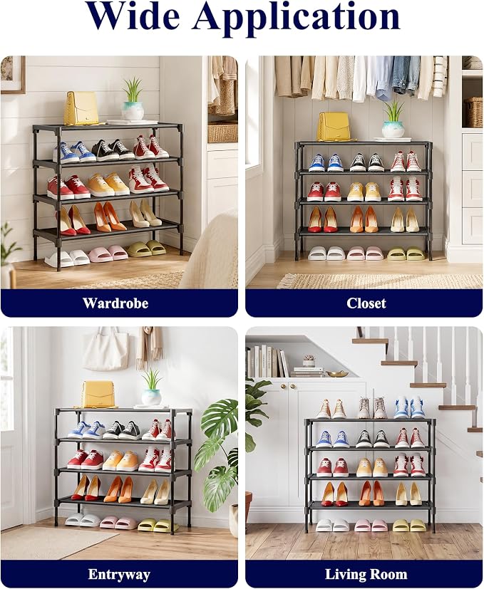 Kitsure Shoe Rack - Non-Woven Shoe Rack Shelf, Shoe Organizer for Closet, Entryway, Garage & Corridor, Stackable Shoe Shelves, X-Large, Black | Shoe Organizer for Closet, Entryway, Garage, Stackable Shoe Shelves, college dorm&apartment essentials