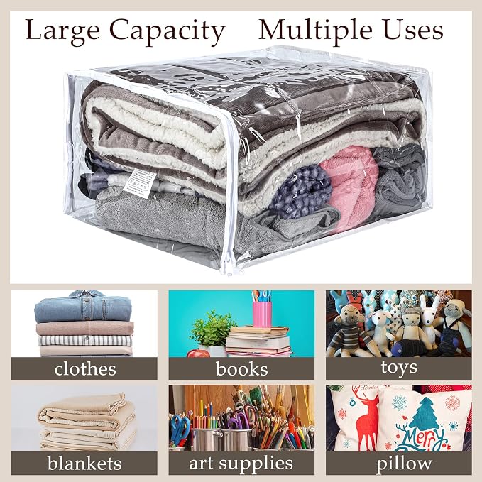 6 Packs Clear Zippered Storage Bags 18 x 15 x 9 Inch Sweater Moth Bags Vinyl Plastic Storage for Blankets Clothes Bed Sheet Organizer with Zipper for Closet Linen Sweater Clothes Comforters Pillow