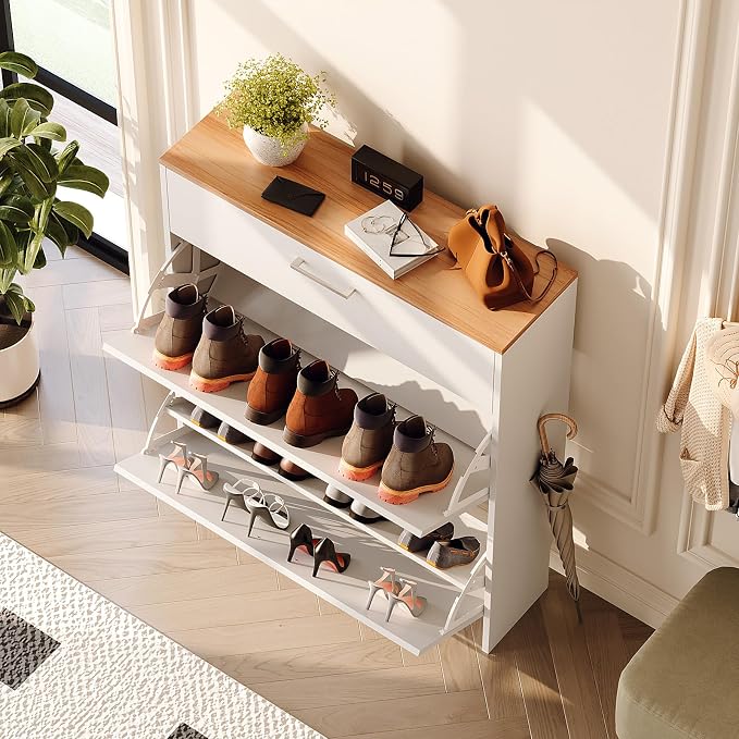 VINGLI Set of 2 Shoe Cabinet for Entryway, 2-Pack 31.5" W Extra Wide Slim Shoe Organizer with 2 Flip & 1 Drop-Down Drawers, Modern White Shoes Rack with Oak Top, Narrow Cabinet for Hallway