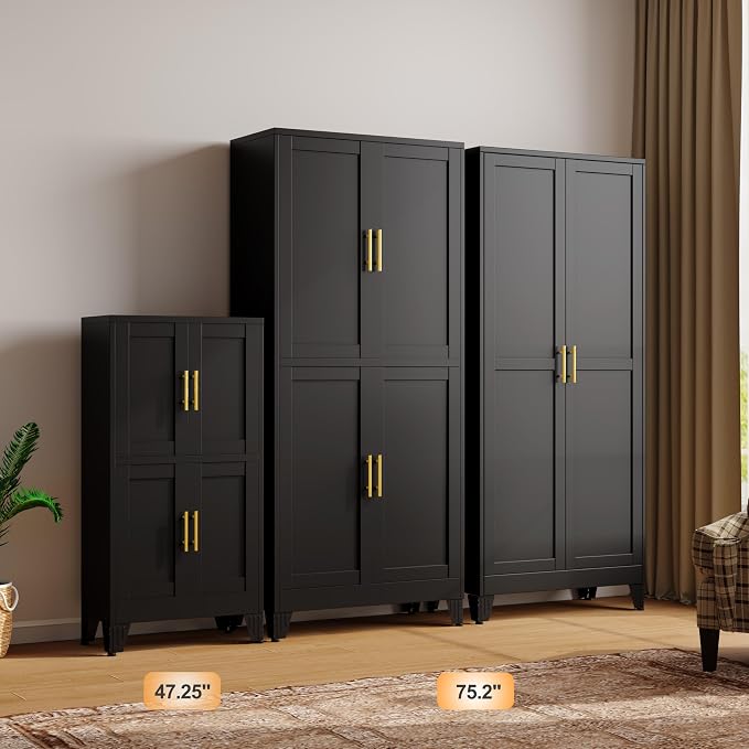 GAIOUS 47.25" Metal Storage Cabinet, Black Kitchen Food Storage with 4 Door and 2 Adjustable Shelves, Freestanding Bathroom Cabinet, Pantry for Kitchen Dinning Room, Cupboard