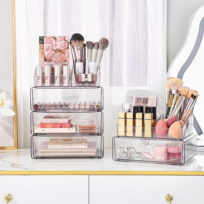 Vtopmart 3 Tier Clear Makeup Organizer with 2 Drawers | Smart Storage Layout, Clear for Better Visibility, Stackable, Large Capacity, for Makeup Lipstick Brush Skincare