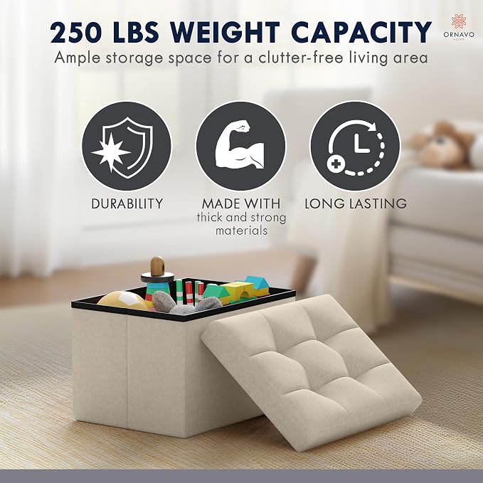 Ornavo Home Small Rectangle Storage Ottoman, Linen, 12x16x12, Beige | Collapsible Cube Design; Foot Rest Stool Seat; Ideal for Living Room, Bedroom, Home Office or Dorm