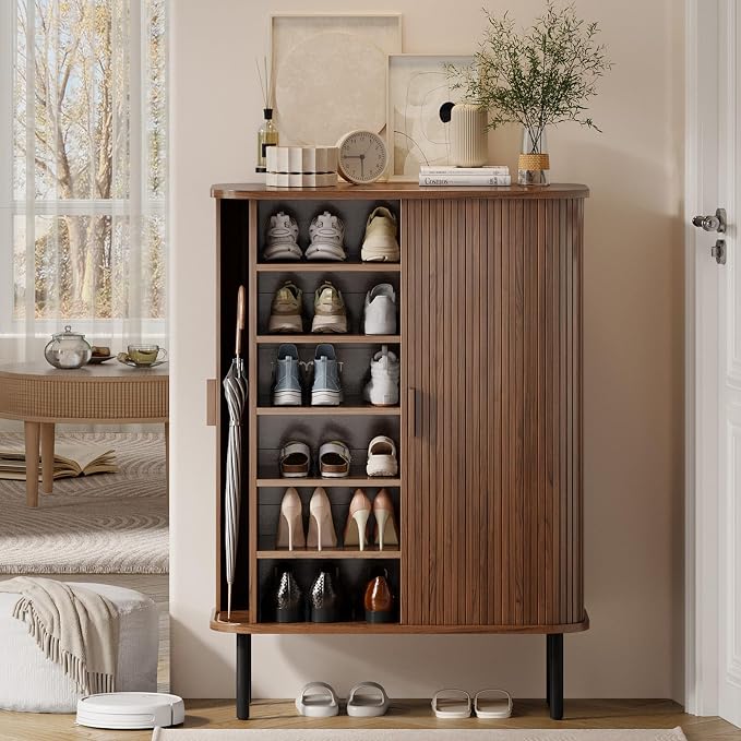 ONBRILL 6-Tier Shoe Cabinet with Sliding Door, Wooden Shoe Storage Cabinet with Adjustable Shelves, Mid-Century Modern Freestanding Shoe Storage Organizer for Entryway, Hallway, Living Room, Walnut