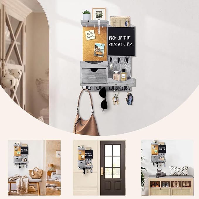 Key Holder Wall Mount, Mail Organizer Key Holder for Wall with Shelf, Drawer, Chalkboard, Corkboard, Home Decor Wall Mounted for Room Entryway(Grey)