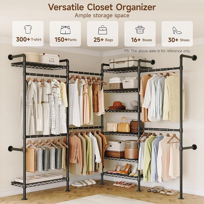 ONBRILL L4 Wall Mounted Industrial Pipe Clothing Rack, Closet Organizer System with 6 Hanging Clothes Rods ( 4 Expandable Rods) & 8 Shelves, Heavy Duty Corner Garment Rack, Large Wardrobe - Black