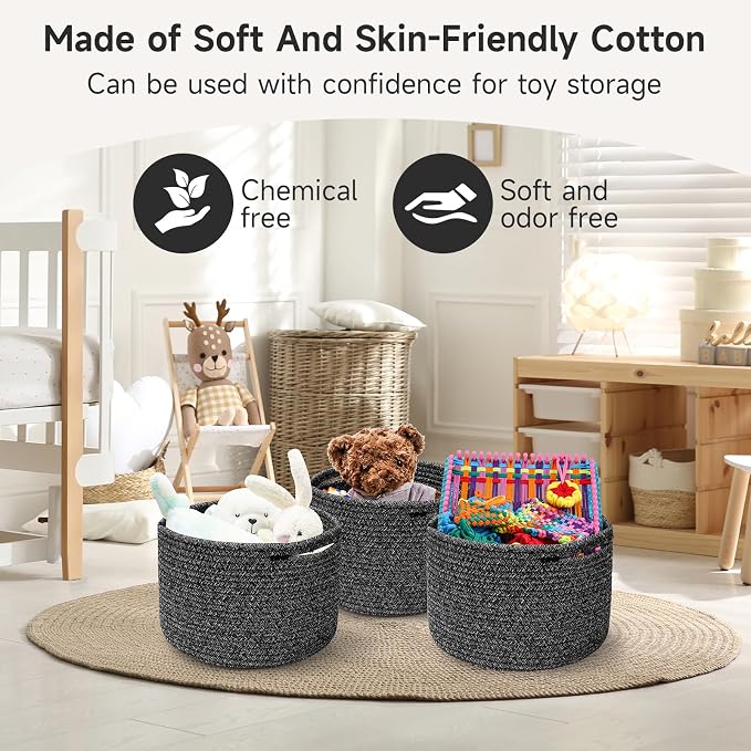 3 Pack Small Rope Storage Baskets, 9.82×9.82×7.1", Black | Cotton Basket for Gifts Empty, Cute Round Woven Basket, Decorative Shelf Basket Organizer, Organizing Basket for Shelves