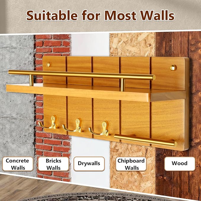 15.7” Solid Teak Wood Key Holder Wall Mount with Shelf and Hooks | Crafted from natural solid teak wood with unique grain patterns, bringing warmth and elegance to your entryway, large size