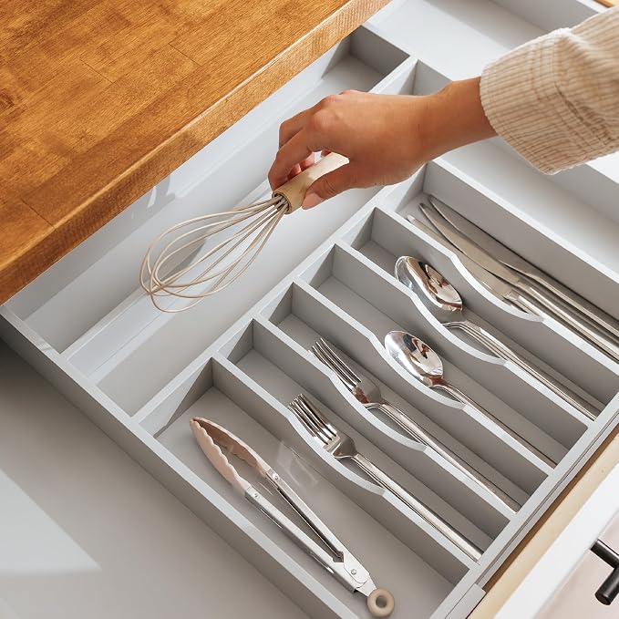 KitchenEdge Silverware & Utensil Drawer Organizer, 18-33 in, Gray Bamboo | Cutlery, flatware, food-safe contract grade, kitchen drawer fit