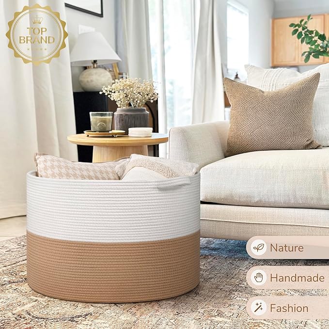 INDRESSME 115L Extra Large Woven Rope Blanket Basket Living Room | 23.6" x 15.7" Storage baskets for toys laundry & pillows. Fits living room, bedroom or nursery décor. Soft-touch with handles
