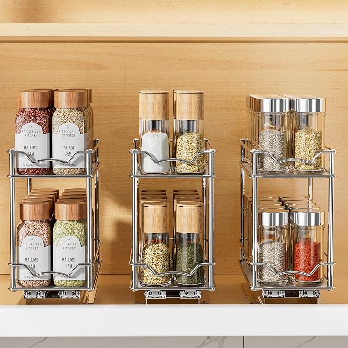MUDEELA Pull Out Spice Rack for Inside Cabinet, 2 Tier Chrome Spice Organization for Cabinet, Vertical Sliding Out Spice Rack Organizer for Seasoning, 10.4''D×4.8''W×9.3''H