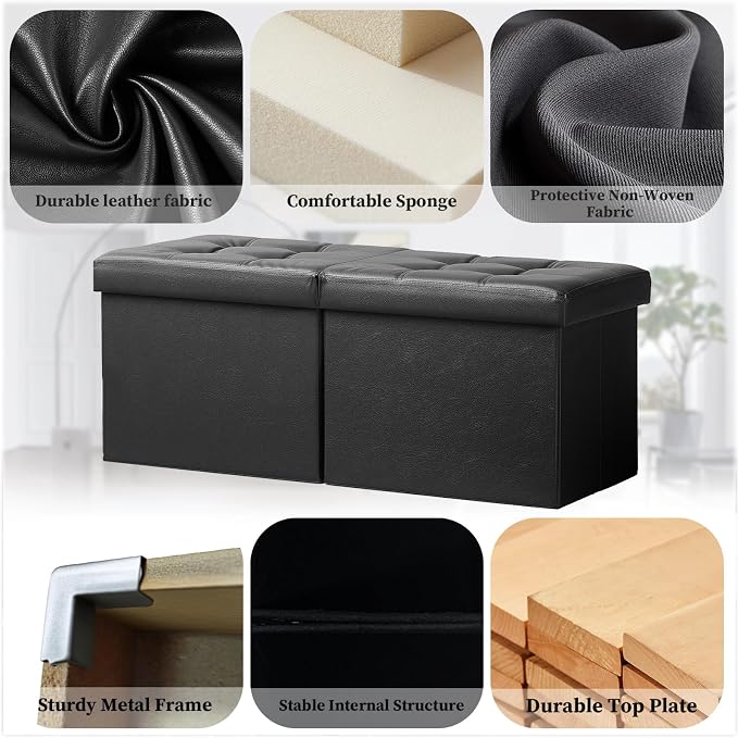 Bsketa Storage Ottoman Bench, 34" Folding Leather Foot Rest Stool, Black | Large Ottoman with Storage, Thicker Foam Padded Seat, Livingroom, Dorm, Bedroom, Easy to install, 86L,34 x 13 x 13in