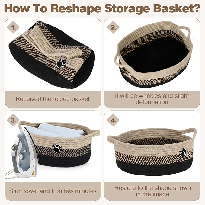 Optish Dog Toy Basket, Toy Box and Bin for Dog Cat Storage, 13.5" X 11" X 5" Small Woven Rope Basket for Baby Storage, Closet, Living Room, Brown & Black