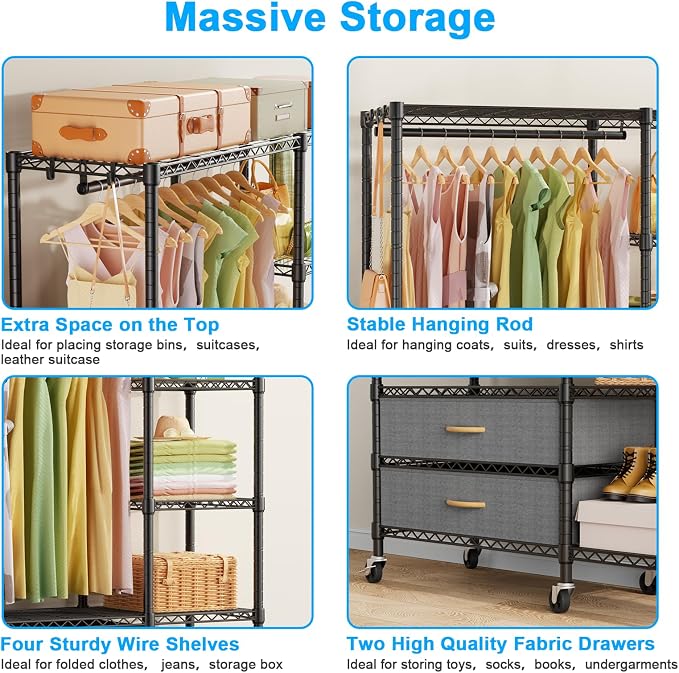 Ulif F3R Heavy Duty Clothes Rack(With Lockable Wheels)Freestanding Clothing Racks for Hanging Clothes,Adjustable Closet Organizer System,Portable Garment Rack 40"W x 15"D x 74"H,Max Load 700LBS,Black