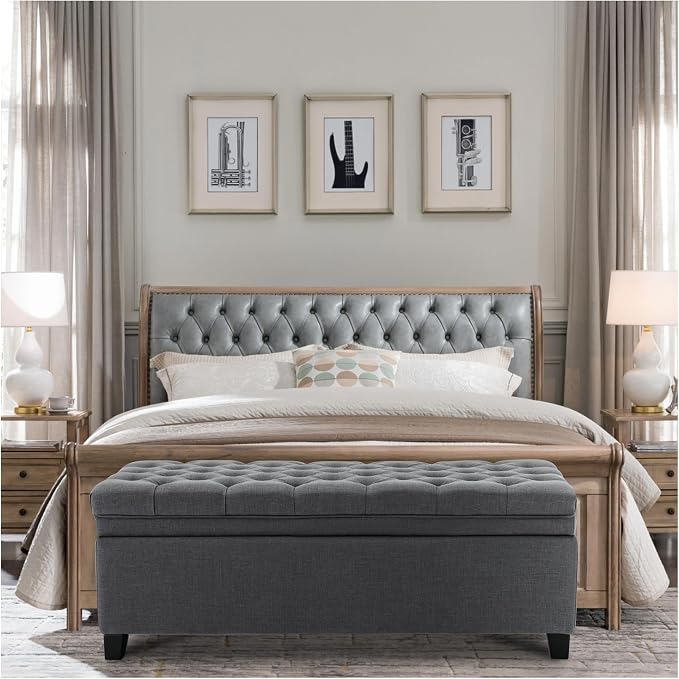 51" Storage Ottoman for Bedroom & Living Room, End of Bed Bench with Black Wooden Legs, Linen Upholstered Tufted Ottoman, Entryway Storage Bench,Dark Grey