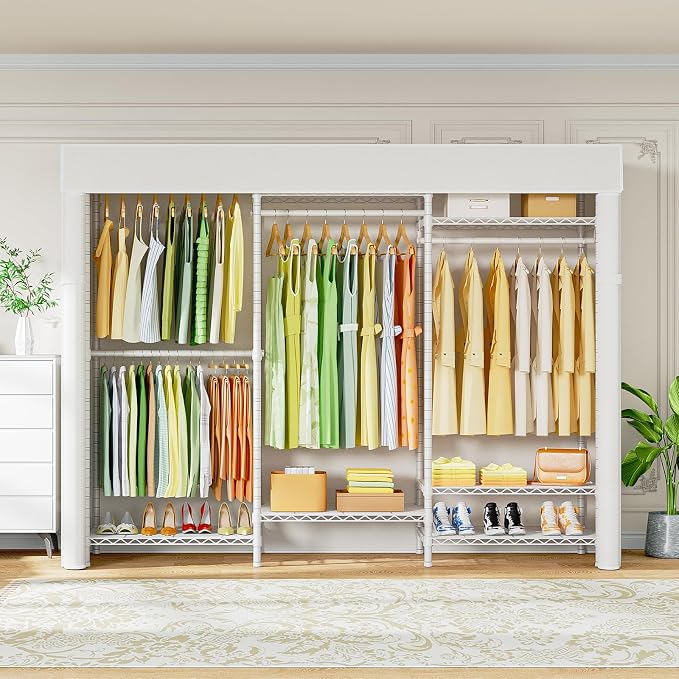 E13C Heavy Duty Closet Organizer System,Freestanding Clothing Racks for Hanging Clothes,Adjustable Garment Rack 63" W x 16" D x 77" H Hold 960 lbs,White Clothing Rack with White Dustproof Cover