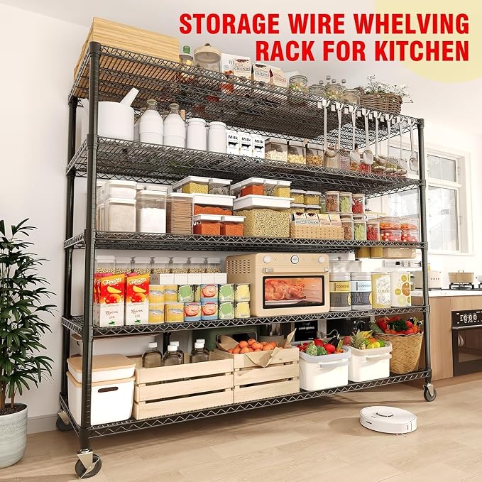 Garvee 3300LBS 5 Tier Metal Shelving with Wheels,82"H Storage Shelves,Black | 59"Wx23.6"D, Heavy-Duty 660 lbs Per Shelf, Adjustable Wire Shelving Units, Leveling Feet,for Garage Kitchen Warehouse