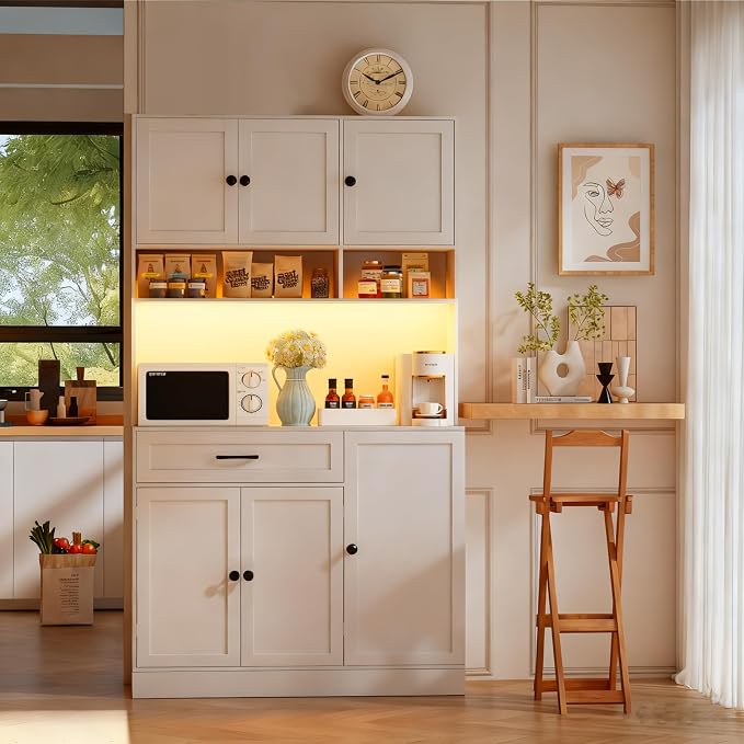 FJTJBSI 72" Kitchen Pantry Cabinet with LED Light and Charging Station Tall Pantry Storage Cabinet with Adjustable Shelves and Door Shelves Modern Kitchen Hutch with Microwave Stand and Countertop