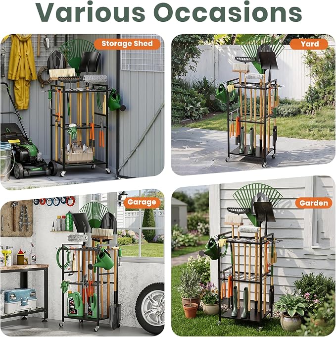 SPACECARE Garden Tool Organizer with Wheels, Up to 35 Long-Handled Tools | Yard Tower Rack for Garage Organization and Storage, Heavy Duty Steel Garden Tool Stand for Shed, Outdoor (Rakes/Brooms)