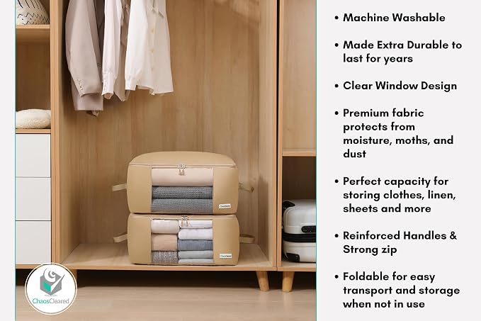 2 Pack Clothing Storage Bags Clothes Organizer folding fabric bags for sweaters, clothing, garment, bedding, quilt, linens, large folding organizers with zip & window (2 Pack Beige)