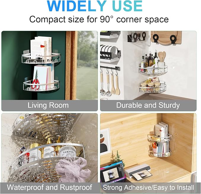 Corner Shower Caddy for Bathroom Storage,Silver,2 Pack | No Drilling Bathroom Shower Corner Shelves with Adhesive,Rustproof Shower Organizer