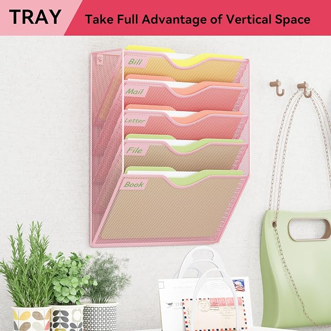 5 Pockets Hanging Wall File Organizer Mail Holder, Wall Mounted Paper Document Folder Holder, Clipboard Storage Organization Magazine Rack, Pink