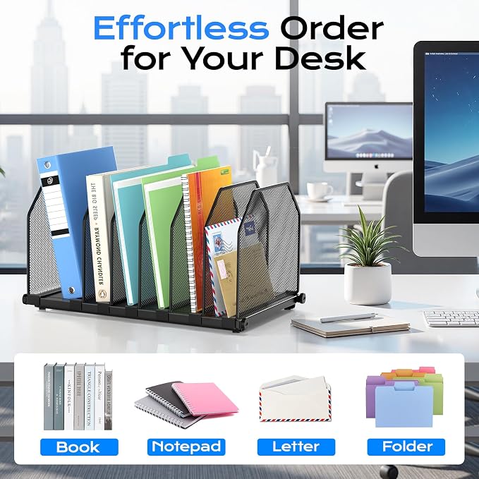 Adjustable File Organizer for Desk, 6 Sections Vertical File Folder Holders | Desktop Binder Organizer, Mesh Desk Organizer Upright File Sorter, Metal File Rack for Home Office Classroom School
