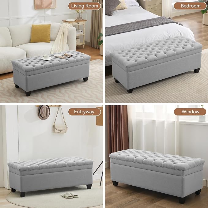 WUTUTUEE 51" Fabric Storage Ottoman Bench, Upholstered Rectangle End of Bed Storage Ottoman Tufted Living Room Bedroom Bench with Safety Hinge, Solid Wood Legs, Loads 500 lb(Light Grey)