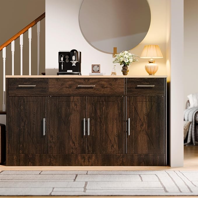 Kitchen Storage Cabinets, Farmhouse Buffet Cabinet with 4 Doors and 3 Drawers, Sideboard Small Storage Cabinet with Adjustable Shelf, for Kitchen, Dining Room & Living Room, Brown