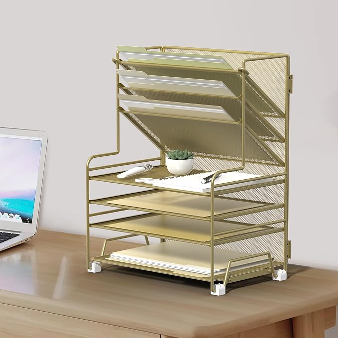 MINDEPOT 4-Tier Paper Organizer + 3-Pocket File Holder + Drawer + Pen Holders, Desktop File Organizers Paper Tray for Office Supplies School Classroom Organization (Gold, no Drawer & Pen Holder)